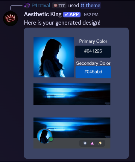 Aesthetic King Discord bot responding to the theme slash command inside Discord.
